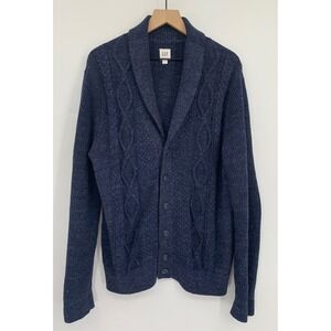 GAP Sweater Mens Large Blue Cardigan Cable Knit Shawl Neck Button Cotton Blend